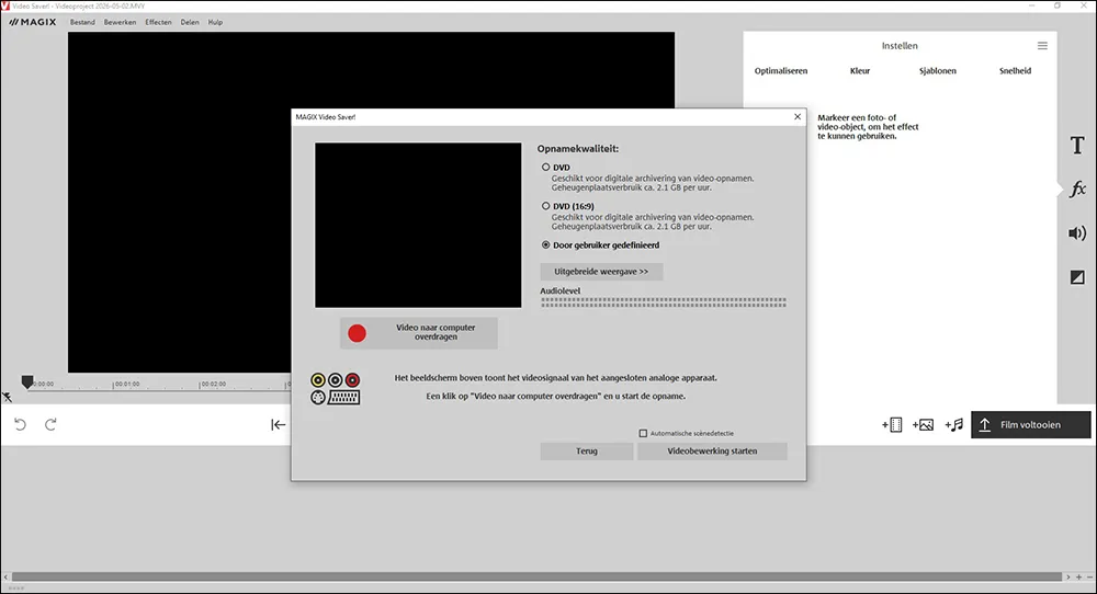 Magix Videobewerking software interface met opties voor het digitaliseren
